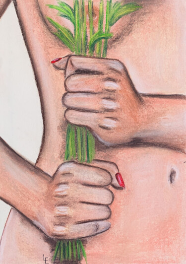 Sexy nude girl hold bouquet - naked boobs art Картина под названием "Sexy nude girl hold…" - Elena Polak, Подлинное произведение искусства, Пастель
