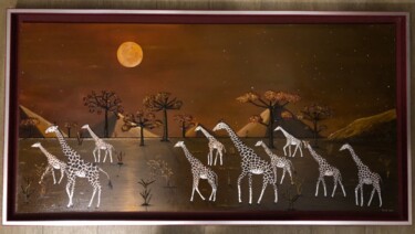 绘画 标题为“Girafes sous lune r…” 由Frank Guillard, 原创艺术品, 油 安装在木质担架架上