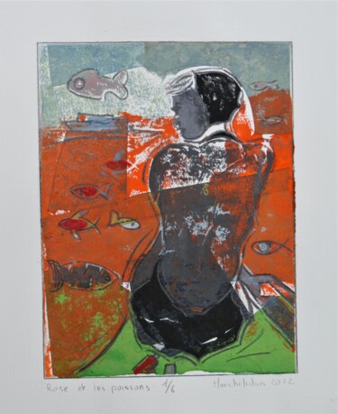 Gravures & estampes intitulée "Rose et les poisson…" par Hervé Marchelidon, Œuvre d'art originale, Linogravures