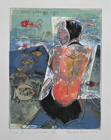Gravures & estampes intitulée "Rose et les poisson…" par Hervé Marchelidon, Œuvre d'art originale, Linogravures