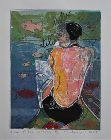 Printmaking titled "Rose et les poisson…" by Hervé Marchelidon, Original Artwork, Linocuts