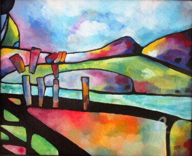 Painting titled "Plage de Crots" by Jean Rebel, Original Artwork, Oil Mounted on Cardboard