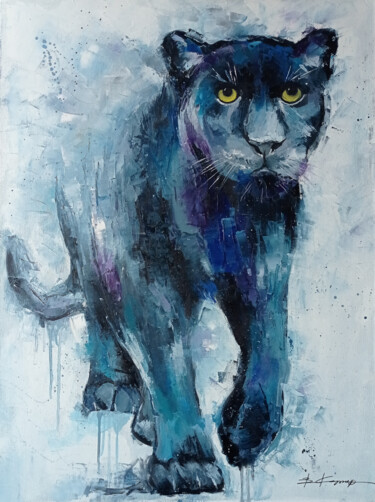 Black panther oil painting on canvas palette knife 제목이 "Black panther oil p…"인 미술작품 Виктория Кернер로, 원작, 기름