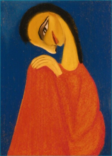 Dibujo titulada "Femme sur fond bleu" por Zahra Sarah Toughrai, Obra de arte original, Pastel