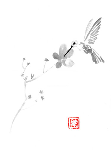 Σχέδιο με τίτλο "sakura and bird" από Péchane, Αυθεντικά έργα τέχνης, Ακουαρέλα