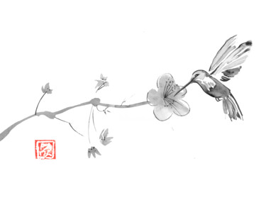 Σχέδιο με τίτλο "sakura and bird 02" από Péchane, Αυθεντικά έργα τέχνης, Ακουαρέλα