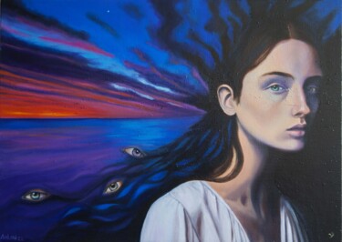 Schilderij getiteld "Le lever du soleil" door Ailin, Origineel Kunstwerk, Olie Gemonteerd op Frame voor houten brancard