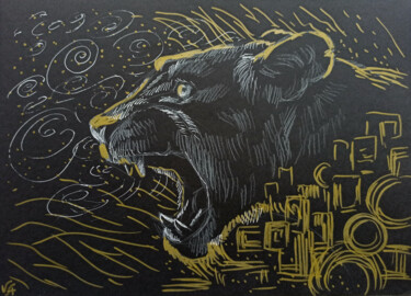 LIONESS STRENGTH - abstract drawing, animal, original gift 图画 标题为“LIONESS STRENGTH -…” 由Alona Vakhmistrova, 原创艺术品, 中性笔
