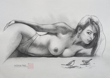 Sparrows foraging for food 图画 标题为“Sparrows foraging f…” 由Hongtao Huang, 原创艺术品, 铅笔