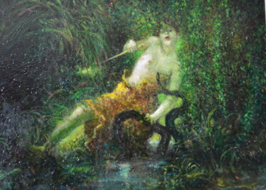 Schilderij getiteld "Amazone au prise av…" door Jean Ampe, Origineel Kunstwerk, Olie