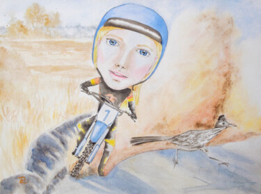AQUARELLE originale et unique: Grosse tête en motocross Peinture intitulée "AQUARELLE originale…" par Isabelle Redonnet, Œuvre d'art originale, Aquarelle