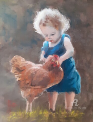 Σχέδιο με τίτλο "L'enfant et la poule" από Dany Wattier, Αυθεντικά έργα τέχνης, Παστέλ