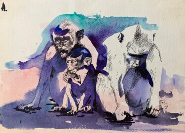 绘画 标题为“Monkeys” 由Oleksandra Belyaeva, 原创艺术品, 水彩