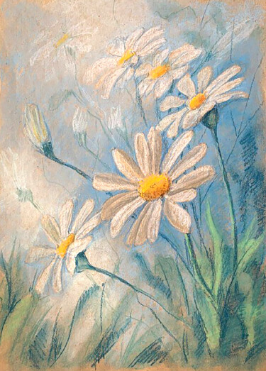 White Daisies Wild Flowers – A Gentle Ode to Nature’s Purity Dibujo titulada "White Daisies Wild…" por Yelena Rybalkina, Obra de arte original, Pastel