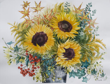 Bouquet with sunflowers Pittura intitolato "Bouquet with sunflo…" da Elena Shichko, Opera d'arte originale, Acquarello