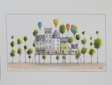 Malerei mit dem Titel "Les ballons" von Artelierdedomi, Original-Kunstwerk, Aquarell