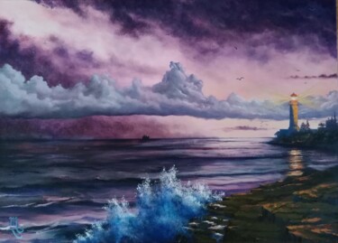 Peinture intitulée "Phare et nuages d'o…" par Muriel Thoreau, Œuvre d'art originale, Huile Monté sur Châssis en bois