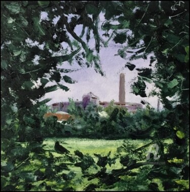 Painting titled "green window 2" by Erik Rabot, Original Artwork, Oil Mounted on Cardboard