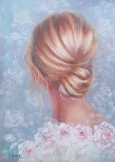 Chignon et roses Peinture intitulée "Chignon et roses" par Martine Gregoire, Œuvre d'art originale, Huile Monté sur Châssis en bois