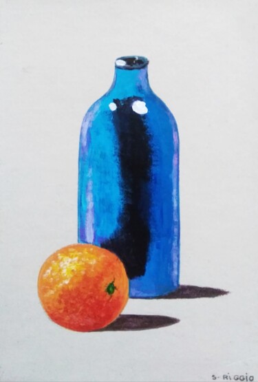 Orange et bouteille bleue Painting titled "Orange et bouteille…" by Sabrina Riggio, Original Artwork, Acrylic Mounted on Wood Stretcher frame