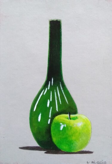Pomme et bouteille verte Peinture intitulée "Pomme et bouteille…" par Sabrina Riggio, Œuvre d'art originale, Acrylique Monté sur Châssis en bois