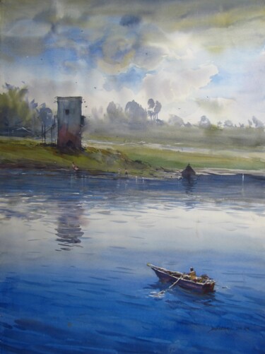 제목이 "A cloudy day at riv…"인 미술작품 Bhargavkumar Kulkarni로, 원작, 수채화