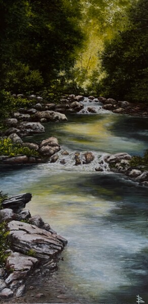 Forest water flow Painting titled "Forest water flow" by Oleg Baulin, Original Artwork, Oil Mounted on Wood Stretcher frame