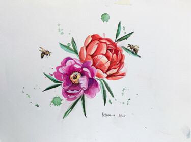 Pintura intitulada "peonies and bees" por Oleksandra Belyaeva, Obras de arte originais, Aquarela