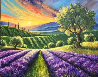 Painting titled "Sonnige Toskana" by Anastasiia Sazonova, Original Artwork, Oil Mounted on Wood Stretcher frame