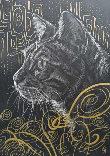 CAT IN THE GRASS - animal art, wall art, abstract drawing 제목이 "CAT IN THE GRASS -…"인 그림 Alona Vakhmistrova로, 원작, 연필