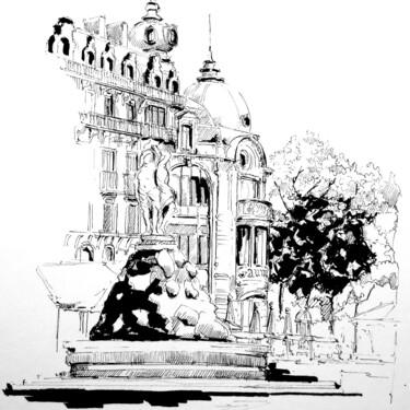 Dessin intitulée "Place de la comédie…" par Veronique Gaudin, Œuvre d'art originale, Encre