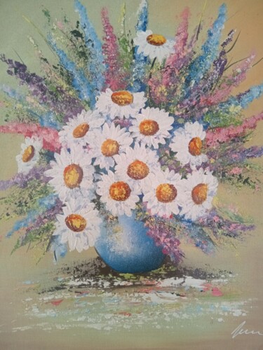 Flowers daisies in a blue vase 绘画 标题为“Flowers daisies in…” 由Filip Petrovic, 原创艺术品, 丙烯