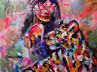Mysterious harmony - colorful portrait woman and leopard 绘画 标题为“Mysterious harmony…” 由Aliaksandra Tsesarskaya, 原创艺术品, 丙烯 安装在木质担架架上