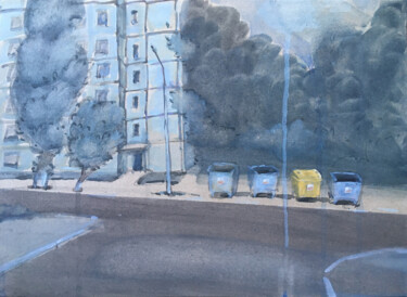 Painting titled "Bystreet" by Victor Ciobanu, Original Artwork, Watercolor Mounted on Wood Panel