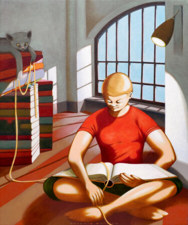 绘画 标题为“The reading room 3” 由Federico Cortese, 原创艺术品, 油 安装在木质担架架上
