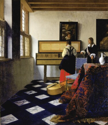 Dame au Virginal avec un gentleman, « La leçon de musique » 绘画 标题为“Dame au Virginal av…” 由Johannes Vermeer, 原创艺术品, 油