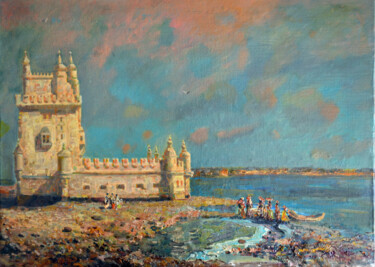 Painting titled "Castle Belem in Lis…" by Sergei Lisitsyn, Original Artwork, Oil