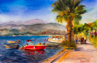Fethiye, Turkey, city embankment at sunset. Red boat and pal Ζωγραφική με τίτλο "Fethiye, Turkey, ci…" από Виктория Гаман, Αυθεντικά έργα τέχνης, Ακουαρέλα