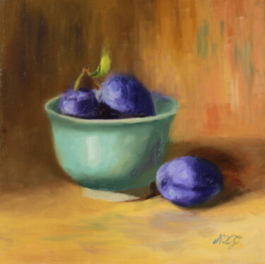 Peinture intitulée "Quetsches et Cérami…" par Nicole Le Gall, Œuvre d'art originale, Huile Monté sur Autre panneau rigide