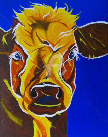 绘画 标题为“LA VACHE CITRONNELLE” 由Régine Guthmann, 原创艺术品, 丙烯 安装在木质担架架上