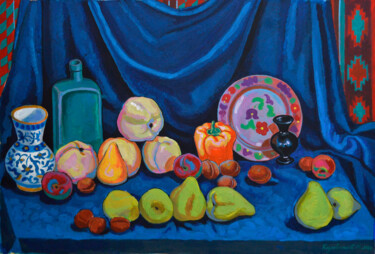 Still life with apples on blue 绘画 标题为“Still life with app…” 由Mykola Kozlovskyi, 原创艺术品, 丙烯