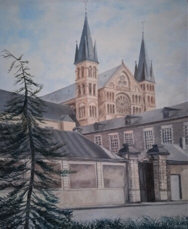 Painting titled "La basilique St Rém…" by Jean-Claude Bemben, Original Artwork, Oil Mounted on Wood Stretcher frame