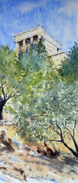 Olive tree and Acropolis Athens Greece 23x54cm 2022 Painting titled "Olive tree and Acro…" by Nenad Kojić, Original Artwork, Watercolor