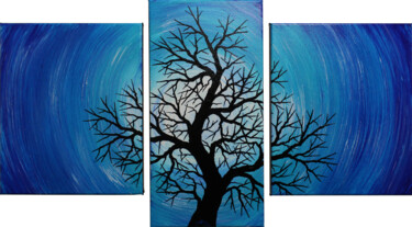 Triptyque silhouette d’arbre de nuit Malerei mit dem Titel "Triptyque silhouett…" von Jonathan Pradillon, Original-Kunstwerk, Acryl Auf Keilrahmen aus Holz monti…