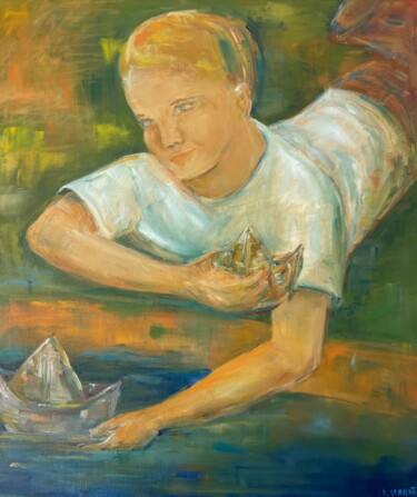 Barquitos de papel Painting titled "Barquitos de papel" by Maria Lucrecia Serrat, Original Artwork, Oil Mounted on Wood Stretcher frame
