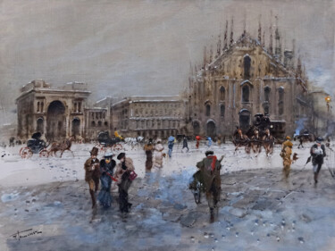 Snowfall in Milan - Old Italy painting Painting titled "Snowfall in Milan -…" by Francesco Tammaro, Original Artwork, Oil Mounted on Wood Panel