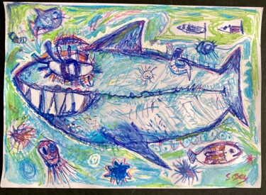 Dez peinture Requin squale big blue aquarelle/feuille 21x28 绘画 标题为“Dez peinture Requin…” 由Sylvain Dez, 原创艺术品, 水彩