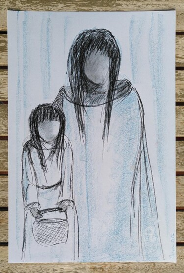 Dibujo titulada "Fille au panier" por Meryem, Obra de arte original, Carbón