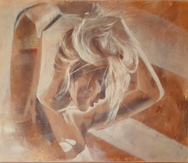 Good morning - beige, naked woman, erotic art, relax Pittura intitolato "Good morning - beig…" da Olesya Izmaylova, Opera d'arte originale, Acquarello Montato su Telaio per bare…