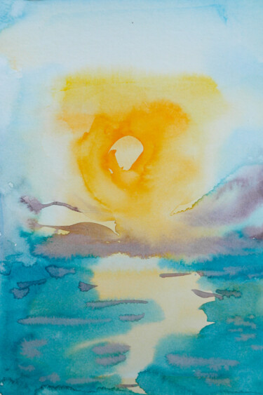 Sunrise in Aegean - sunrise sky watercolor, sun over the sea 绘画 标题为“Sunrise in Aegean -…” 由Dina Aseeva, 原创艺术品, 水彩